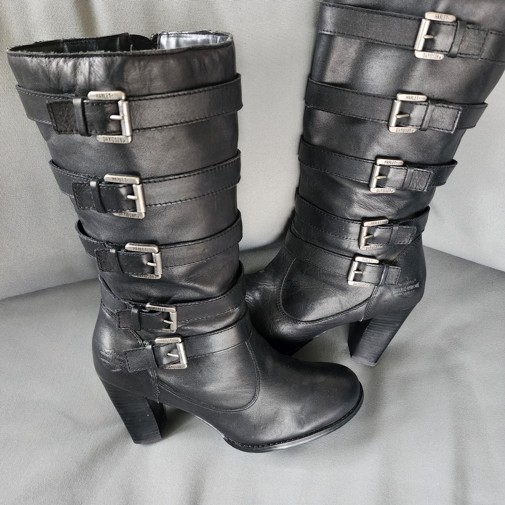 Harley-Davidson Black Strapped Leather Heeled Knee Boots